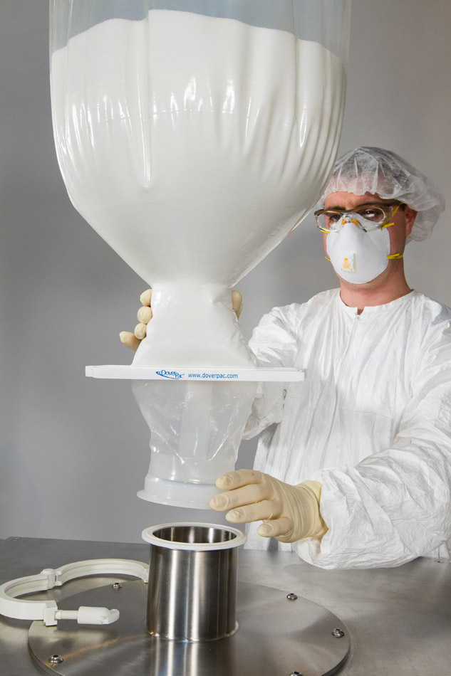Flexible contained handling of powder transfer bags