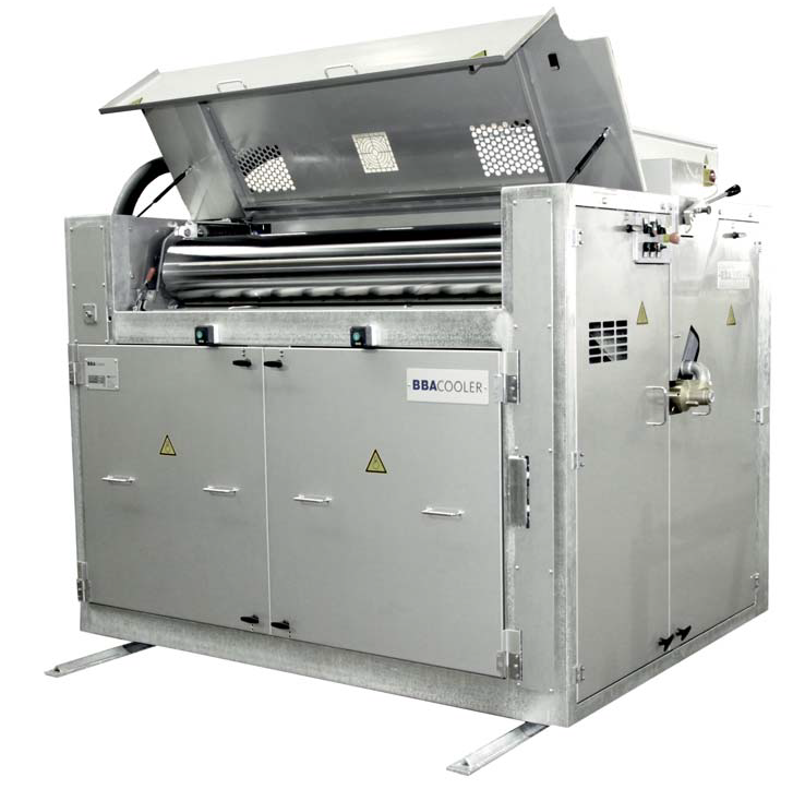 High capacity drum cooler for hot melt extrusion