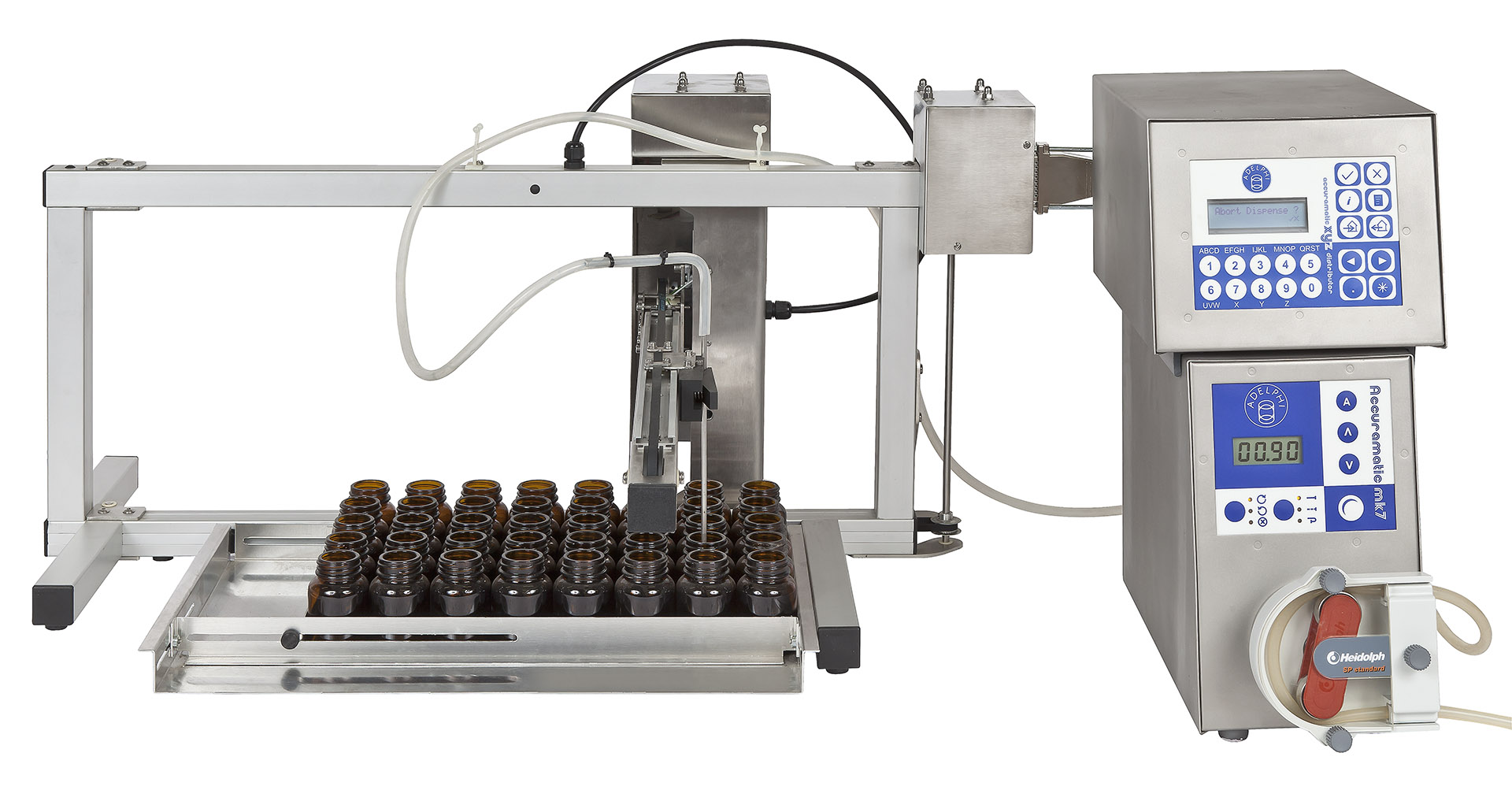 Benchtop piston filling equipment for vials in trays