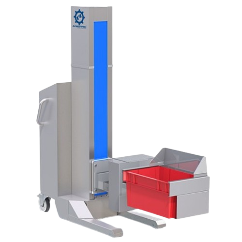 Lifting column for plastic boxes in pharmaceutical processing