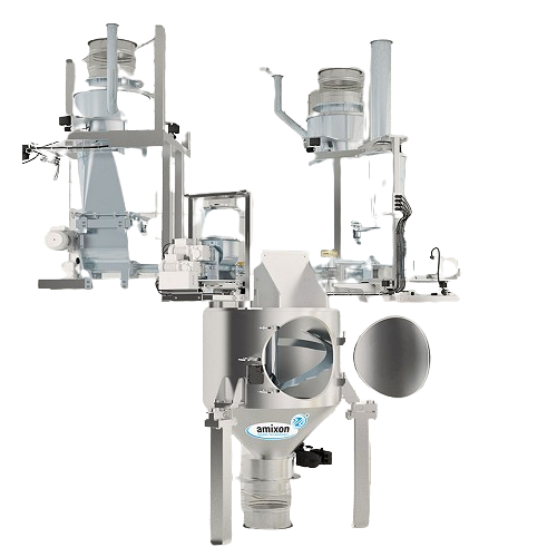 Continuous powder mixer for dry, moist and suspended goods