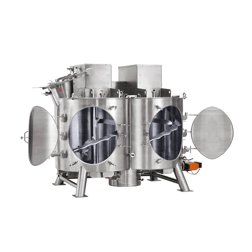 Vertical twin-shaft mixer for dry, moist, and viscous materials