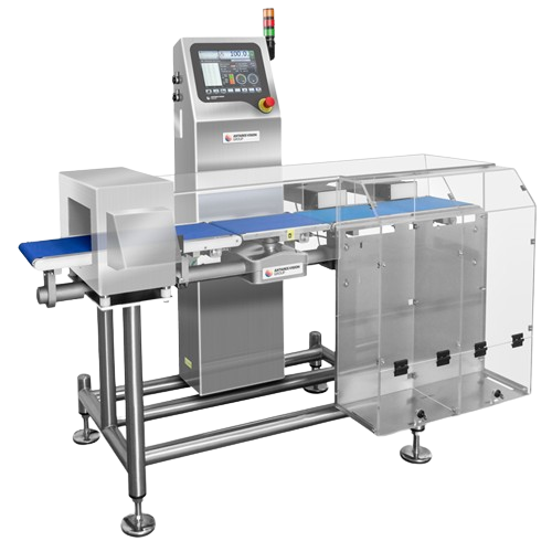 Integrated metal detector and checkweigher for small/medium formats