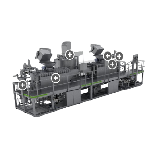 Aseptic cooking and filling line with two reactors