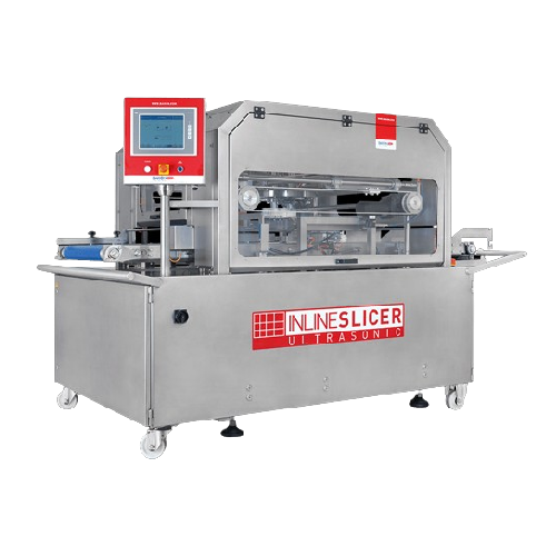 Inline ultrasonic slicer for bakeries