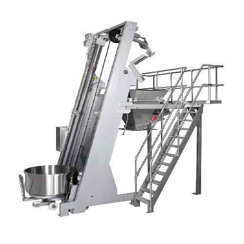 Industrial dough feeding elevator tipper