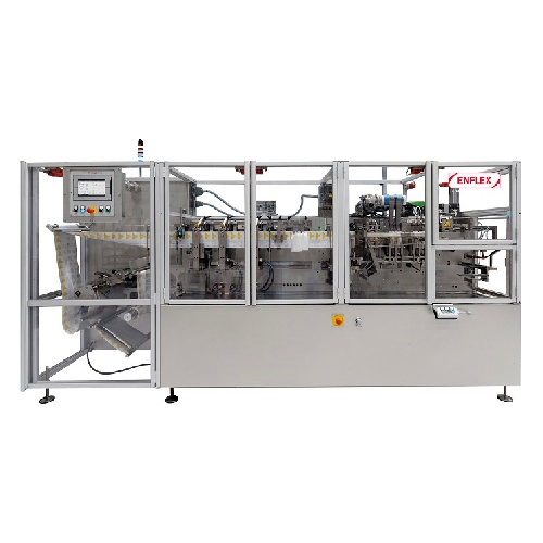 Horizontal flat pouching system for liquid soaps