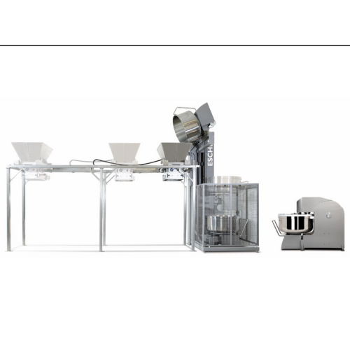 Feeding hoppers for dough production lines