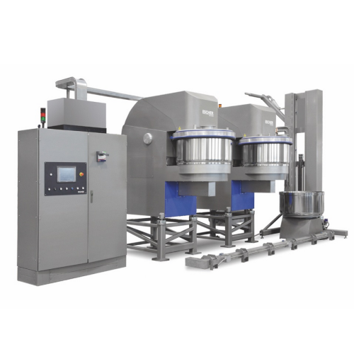 Industrial spiral mixer with bottom discharge system