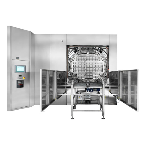 Superheated water sterilizer for large volume parenterals