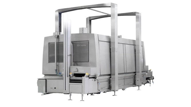 Industrial double spiral oven for meat processing