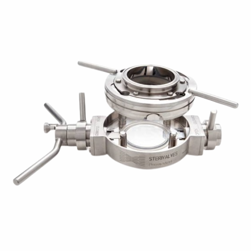 Split butterfly valve for sterile powder transfer