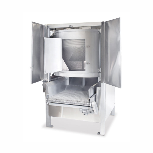 Automatic centrifuge for oil reduction in batch fried products