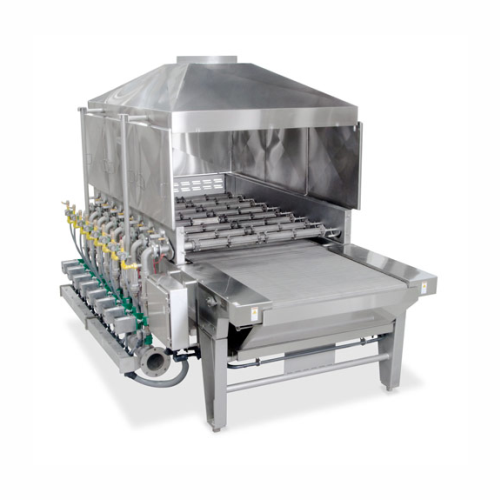 Industrial direct flame searing system for meat and vegetables