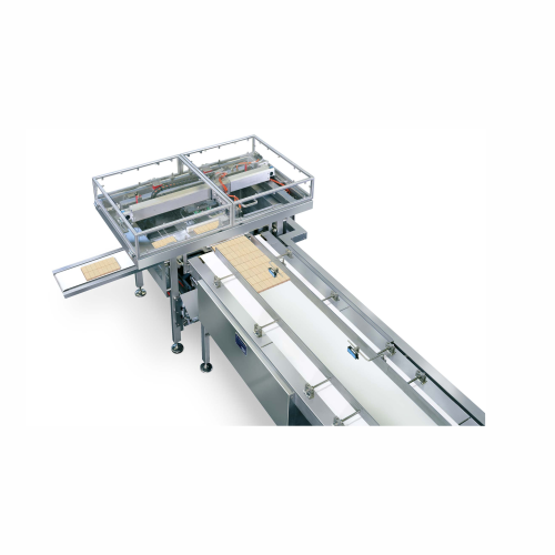 Wafer row discharge device for feeding packing machines