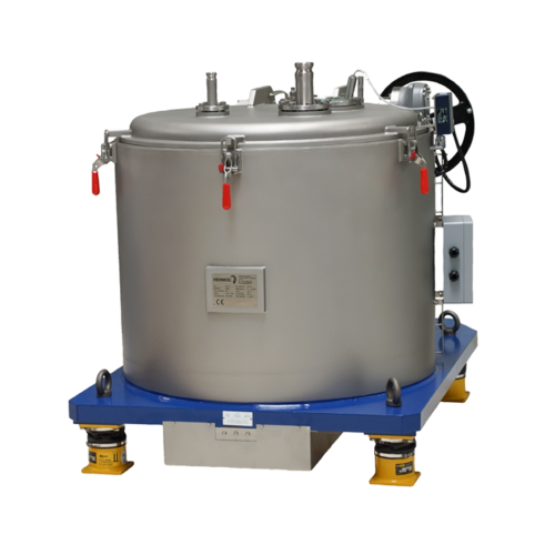 Top discharge centrifuge for chemical manufacturing