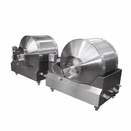 Vacuum tumbler for inline meat processing