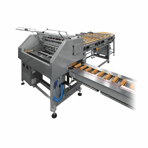 Automatic portion volumetric feeder for biscuits and crackers