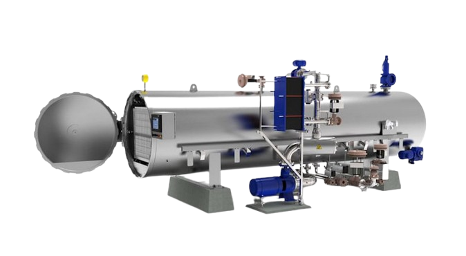 Steam water spray retort for shelf-stable food processing