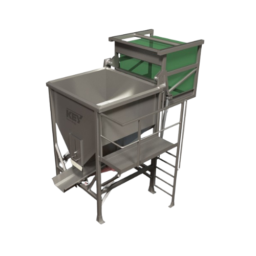 Tote bin dumper for bulk product transfer