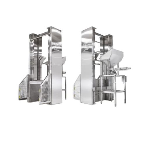 Lift and dump system for blanchers and cookers