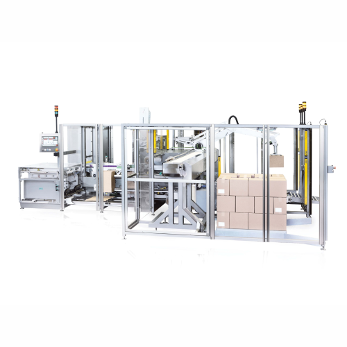 Automatic vertical case packer and palletizer for cosmetic sector