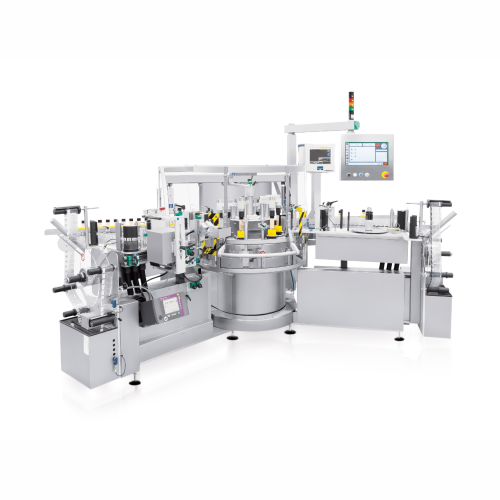 High-speed rotary self-adhesive labelling system for bottles and jars
