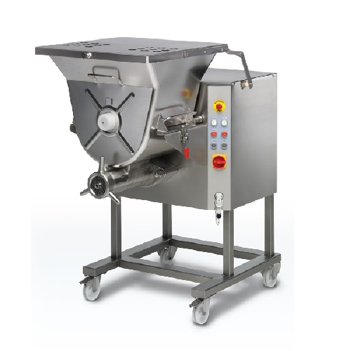 Industrial meat mincer with mixing system capacity