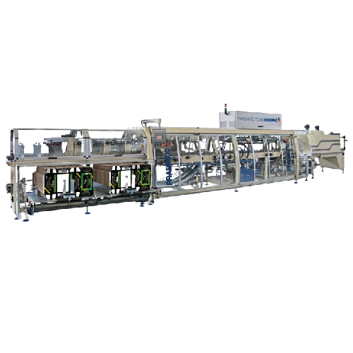 Combined shrink-wrapper and case packer for medium to high-speed productions