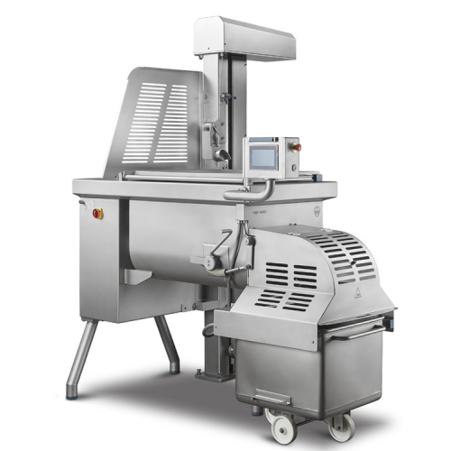 Frontal discharge mixer for meat processing
