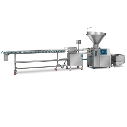 High-speed sausage production system with synchronized hanging