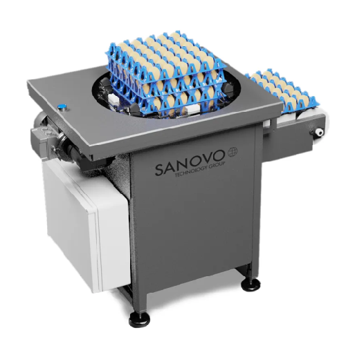 Egg tray stacking for small and medium farms