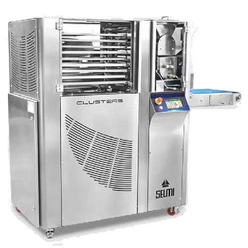 Cluster production system for chocolate with nut inclusions