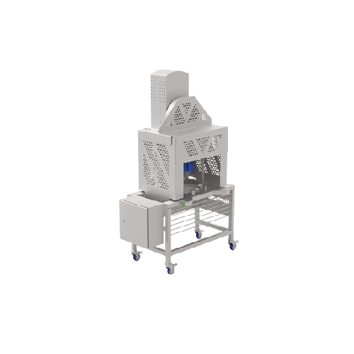 Industrial slice and wedge cutter for large fruits and vegetables