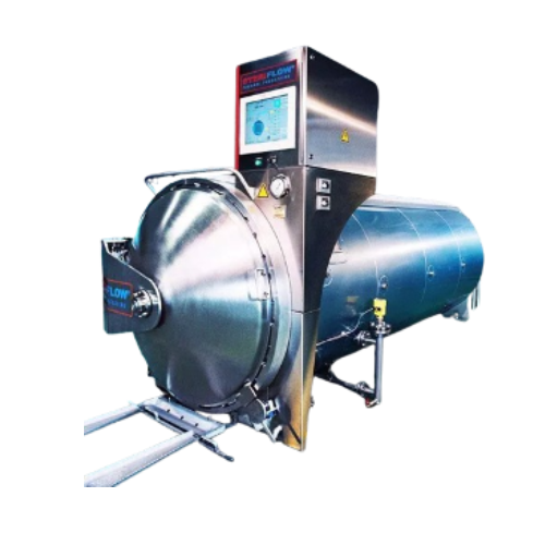 Cascading water autoclave for food sterilization