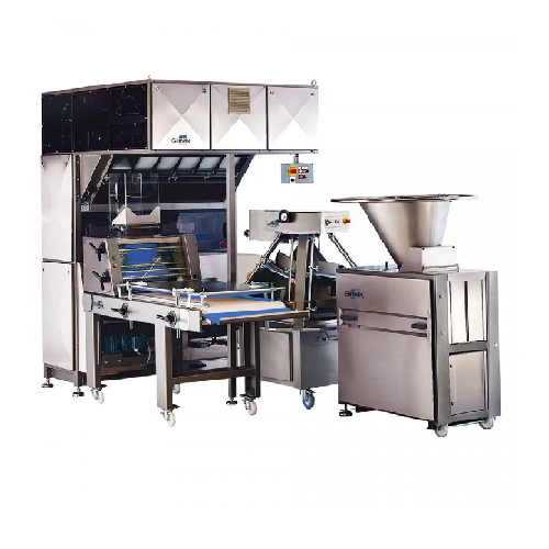 Flexible continuous dough processing line for bakeries