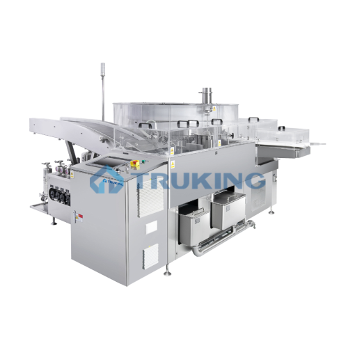 Vertical ultrasonic washing system for oral liquid bottles