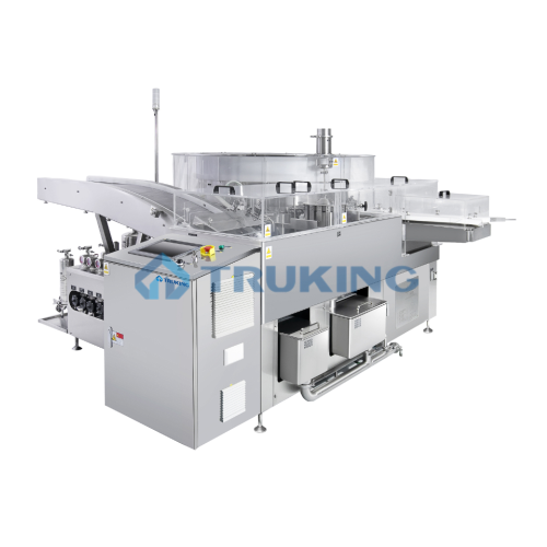 Vertical ultrasonic washing for pharmaceutical containers