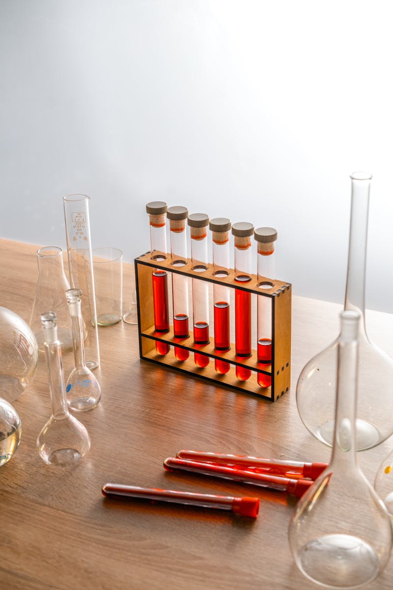 A modern laboratory setup with test tubes containing red liquid, ideal for science and research themes.