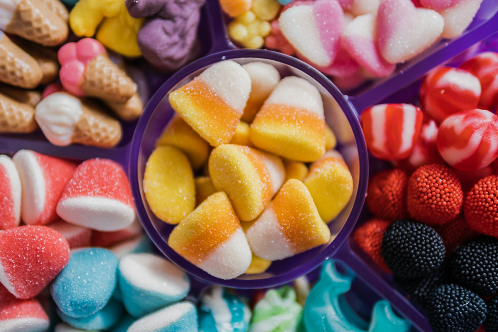a group of different types of candy